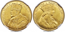 Ferdinand I gold "Coronation" 25 Lei 1922 MS60 NGC, KM-XM2, Fr-12. A popular coronation issue featuring the crowned busts of Ferdinand I and Queen Mar...