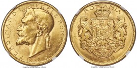 Ferdinand I gold Medallic 100 Lei 1922 (1928/1929) MS61 NGC, London mint, KM-XM4, Fr-9, Stamb-085. Golden satiny cartwheel luster and full detail conf...