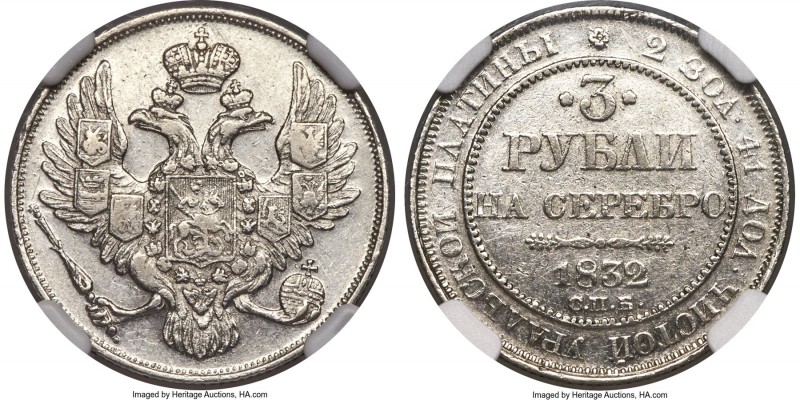 Nicholas I platinum 3 Roubles 1832-CПБ XF45 NGC, St. Petersburg mint, KM-C177, B...