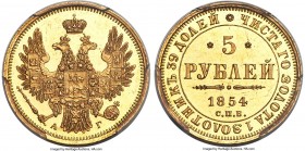 Nicholas I gold 5 Roubles 1854 CПБ-AГ MS63 Prooflike PCGS, St. Petersburg mint, KM-C175.3, Bit-37, Uzd-0236, Sev-464. An absolutely incredible specime...