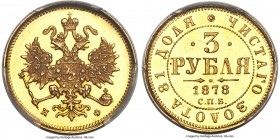Alexander II gold 3 Roubles 1878 CΠБ-HФ MS63 Prooflike PCGS, St. Petersburg mint, KM-Y26, Bit-41. A supremely sharp and Prooflike representative of th...