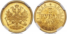 Alexander II gold 3 Roubles 1878 CΠБ-HФ MS63 NGC, St. Petersburg mint, KM-Y26, Bit-41 (R), Sev-506. The first example of this date we have offered, an...