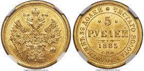 Alexander III gold 5 Roubles 1885 CПБ-AГ MS63 NGC, St. Petersburg mint, KM-YB26, Bit-8, Sev-527. The final year for this pre-portrait type, handsomely...