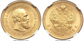Alexander III gold 5 Roubles 1893-AГ MS63 NGC, St. Petersburg mint, KM-Y42, Bit-39. Obv. Bust right. Rev. Crowned double-headed Imperial eagle with da...
