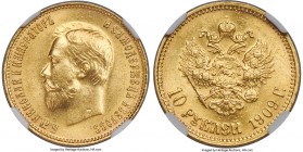 Nicholas II gold 10 Roubles 1909-ЭБ MS64 NGC, St. Petersburg mint, KM-Y64, Fr-179, Bit-14 (R). Mintage: 50,000. Brilliantly lustrous and pleasingly to...
