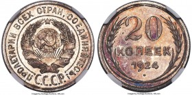 USSR Proof 20 Kopecks 1924 PR66 NGC, KM-Y88. Obv. National arms. Rev. Date and value in wreath of oak sprigs. Superbly struck, with mirrored fields. T...