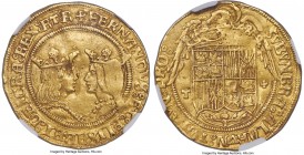 Ferdinand & Isabella (1474-1504) gold 2 Excelentes ND (1476-1516)-T AU53 NGC, Toledo mint, Fr-130, Cal-89. 6.96gm. A scarcer variety with T—+ marks on...