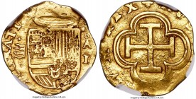 Philip II gold Cob Escudo ND (1556-1598)-AO XF Details (Damaged) NGC, Valladolid mint, Cal-128, Fr-179a (9th edition). 3.34gm. A very rare type for th...