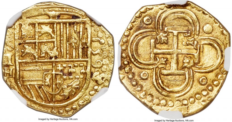 Philip II gold Cob 2 Escudos 1591/0-H MS61 NGC, Seville mint, Fr-169, Cal-72. 6....