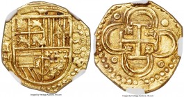 Philip II gold Cob 2 Escudos 1591/0-H MS61 NGC, Seville mint, Fr-169, Cal-72. 6.77gm. Struck with slightly rusted dies giving a speckled texture, plea...