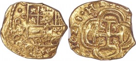 Philip IV gold Cob Escudo 1623 S-D AU50 NGC, Seville mint, KM44.2, Fr-211, Cay-6602. 3.32gm. An interesting piece with what appears to be a die shift ...