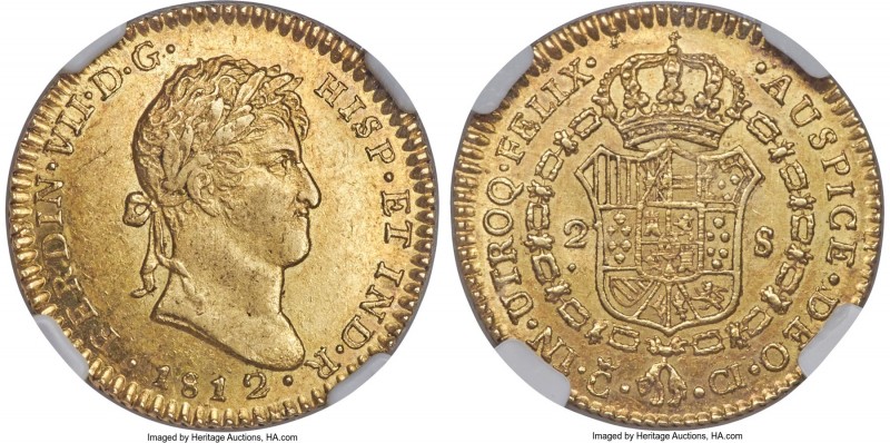 Ferdinand VII gold 2 Escudos 1812 C-CI MS62 NGC, Cadiz mint, KM468, Fr-313. A de...