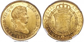 Ferdinand VII gold 8 Escudos 1820 M-GJ MS62 NGC, Madrid mint, KM485, Onza-1242. "G·J" variety. A notably superior selection of the issue whose surface...