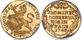 Zurich. Canton gold Ducat 1745 MS66 NGC, KM140, Fr-486a, HMZ-2-1161cc. A deluxe gem offering a simultaneous display of near-pristine fields, lightly s...