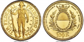 Confederation gold "Fribourg Shooting Festival" 100 Francs 1934-B MS65+ PCGS, Bern mint, KM-XS19, Fr-505, Häb-21. Mintage: 2,000. Struck to commemorat...
