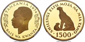 Republic gold Proof "Cheetahs" 1500 Shilingi 1974 PR69 Ultra Cameo NGC, KM9. Mintage: 886. Conservation series, featuring a seated Cheetah. AGW 0.9675...