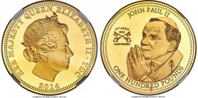 British Colony. Elizabeth II gold Proof 100 Pounds 2014 PR69 Ultra Cameo NGC, KM-Unl, Fr-Unl. Mintage: 500. Struck for the canonization of Pope John P...