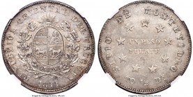 Republic "Montevideo Siege" Peso 1844 AU58 NGC, Montevideo mint, KM5, Almeida-032 (R1). Coin alignment. A rare one-year siege issue from a mintage of ...