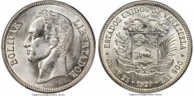 Republic 5 Bolivares 1929-(p) MS62 PCGS, Philadelphia mint, KM-Y24.2. Glowing argent luster illuminates the surfaces of this borderline choice selecti...