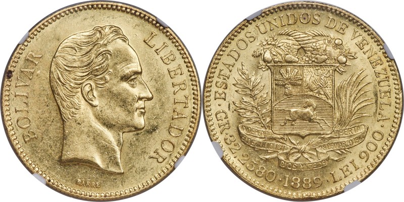 Republic gold 100 Bolivares 1889 UNC Details (Reverse Rim Damage) NGC, Caracas m...