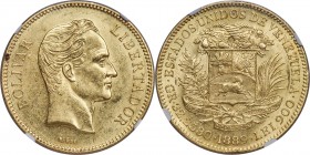 Republic gold 100 Bolivares 1889 UNC Details (Reverse Rim Damage) NGC, Caracas mint, KM-Y34, Fr-2. A popular type that sees much demand in any uncircu...