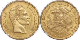 Republic gold 100 Bolivares 1889 AU58 NGC, Caracas mint, KM-Y34, Fr-2. A near-Mint State representative of this popular type featuring the bust of Sim...