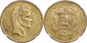 Republic gold 100 Bolivares 1889 AU58 NGC, Caracas mint, KM-Y34, Fr-2. A handsome example of this ever-popular issue, displaying only a touch of wear ...