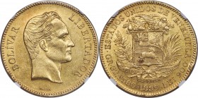 Republic gold 100 Bolivares 1889 AU Details (Reverse Rim Damage) NGC, Caracas mint, KM-Y34, Fr-2. A small bump in the 6 o'clock area of the reverse ac...