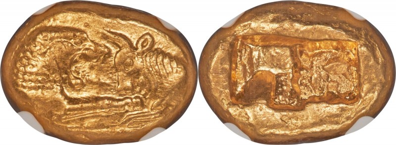 LYDIAN KINGDOM. Croesus (561-546 BC). AV stater (16mm, 8.05 gm). NGC Choice AU 5...