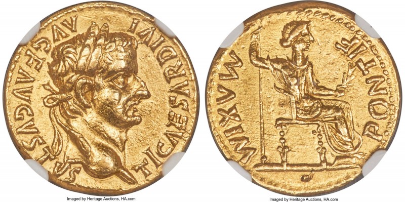 Tiberius (AD 14-37). AV aureus (18mm, 7.41 gm, 6h). NGC AU 5/5 - 2/5, ex-jewelry...