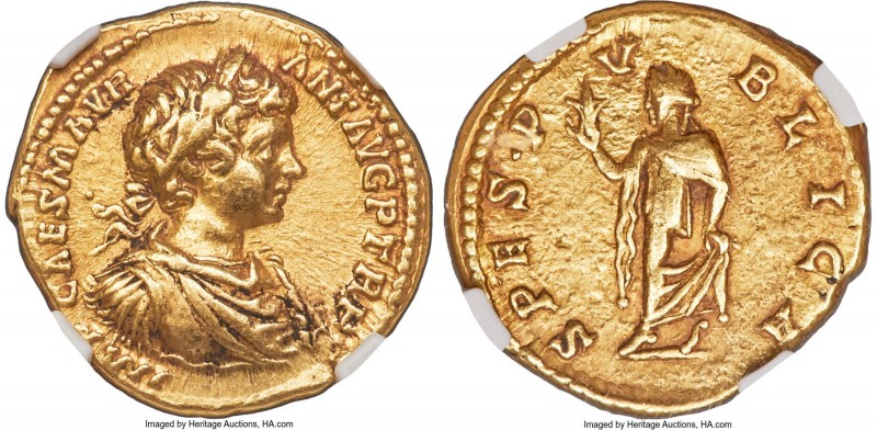 Caracalla (AD 198-217). AV aureus (20mm, 7.26 gm, 12h). NGC XF 5/5 - 4/5. Rome, ...