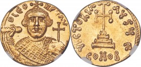 Leontius (AD 695-698). AV solidus (19mm, 4.47 gm, 7h). NGC Gem MS 5/5 - 5/5. Constantinople, 5th officina. D LЄO-N PЄ AV, facing bust of Leontius, bea...