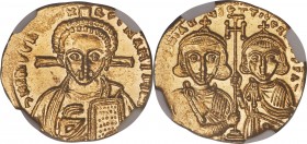 Justinian II Rhinotmetus, second reign (AD 705-711). AV solidus (20mm, 4.47 gm, 5h). NGC Choice MS 4/5 - 5/5. Constantinople, AD 709-711. ∂ N IhS ChS ...
