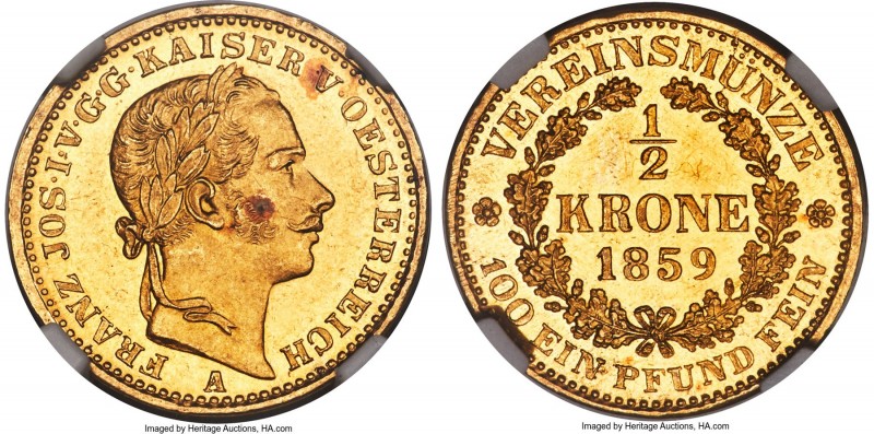 Franz Joseph I gold 1/2 Krone 1859-A MS62 NGC, Vienna mint, KM2251, J-314. The s...