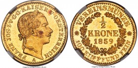 Franz Joseph I gold 1/2 Krone 1859-A MS62 NGC, Vienna mint, KM2251, J-314. The single certified example in NGC's database, an extremely rare fractiona...