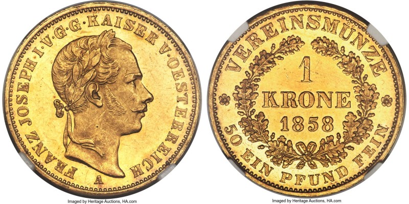 Franz Joseph I gold Krone 1858-A MS63 NGC, Vienna mint, KM2253, J-315. An extrem...