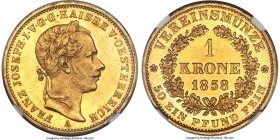 Franz Joseph I gold Krone 1858-A MS63 NGC, Vienna mint, KM2253, J-315. An extremely rare type in any condition, this being the first example of the da...