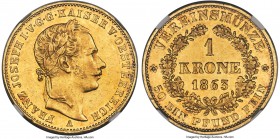 Franz Joseph I gold Krone 1863-A MS61 NGC, Vienna mint, KM2253, J-315. True Mint State yet with decidedly prooflike elements, the fields of this rare ...