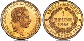 Franz Joseph I gold Krone 1866-A MS61 NGC, Vienna mint, KM2255, J-319. Deeply Prooflike, the strike razor-sharp, the portrait chiseled, and the device...