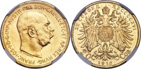 Franz Joseph gold "Rounded Shield" 20 Corona 1916 MS60 NGC, Vienna mint, KM2818, Fr-510, J-387. Rounded shield variety. Extremely rare, representing t...