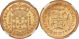 João V gold 4000 Reis 1714-R MS64 NGC, Rio de Janeiro mint, KM102, LMB-166. Sitting at the peak of quality for type, this offering currently holds the...