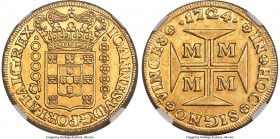 João V gold 20000 Reis 1724-M AU58 NGC, Minas Gerais mint, KM117, LMB-248. An offering of both immense quality and stature, representing the largest g...