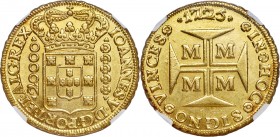 João V gold 20000 Reis 1725-M MS63 NGC, Minas Gerais mint, KM117, LMB-249. Highly unusual in choice grade, this charming piece boasts significant lust...