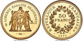Republic gold Proof Piefort 50 Francs 1974 PR67 Ultra Cameo NGC, KM-P510. A magnificent example of this hefty Piefort type that draws from the classic...