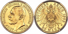 Mecklenburg-Strelitz. Adolph Friedrich V gold 20 Mark 1905-A MS61 PCGS, Berlin mint, KM117, J-240. A one-year type with an exceedingly low mintage of ...