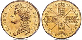 James II gold 5 Guineas 1687 MS60 NGC, KM460.1, Fr-292, S-3397A. TERTIO edge, indicating the third year of reign. An important issue of this heavily-d...