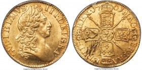 William III gold Guinea 1701 MS63 PCGS, KM498.1, S-3463. Second bust. William III's coinage generally shows inelegant production and clear evidence of...