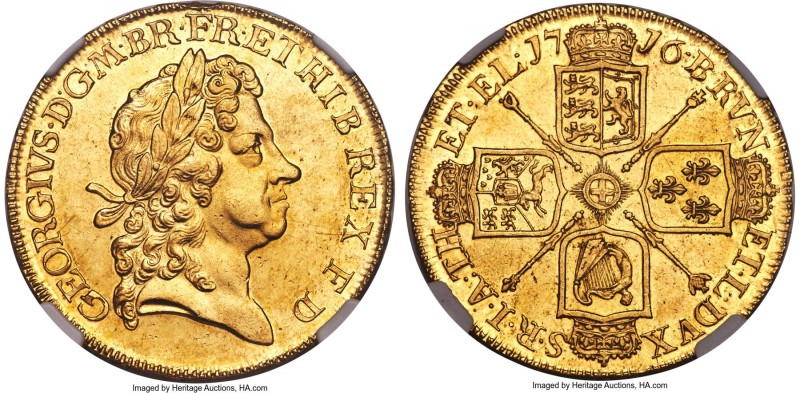 George I gold 5 Guineas 1716 MS60 NGC, KM547, S-3626. A truly exceptional exampl...