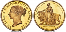 Victoria gold Proof "Una and the Lion" 5 Pounds 1839 PR62 Cameo PCGS, KM742, S-3851, W&R-278. DIRIGE legend, medal rotation. Small LE, 6 Scrolls. By W...