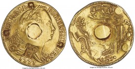British Colony gold Counterstamped 66 Shillings ND (1798) VF, cf. KM2 (Rare; with stamped plug), Prid-19 (this coin), cf. Gordon-107. 30mm. 11.60gm. S...